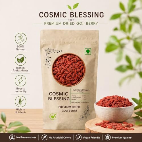Image of Cosmic Blessing Goji Berries 100 g A-grade (Antioxidant-Rich Superfood | Naturally Sweet & Chewy | Great for Snacking, Smoothies & Baking) Premium Organic Gojiberry