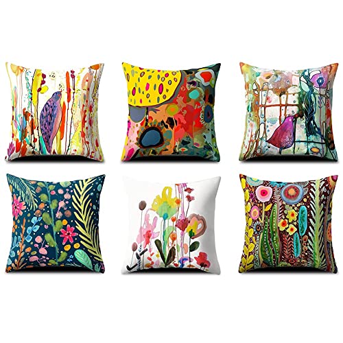 VLUNT Kissenbezug, Aquarelldrucke Blumen und Vögel Kissenbezüge, 6 Stück 45x45cm Polyester Strapazierfähiger Kissenbezug für Sofa, Schlafzimmer Cover