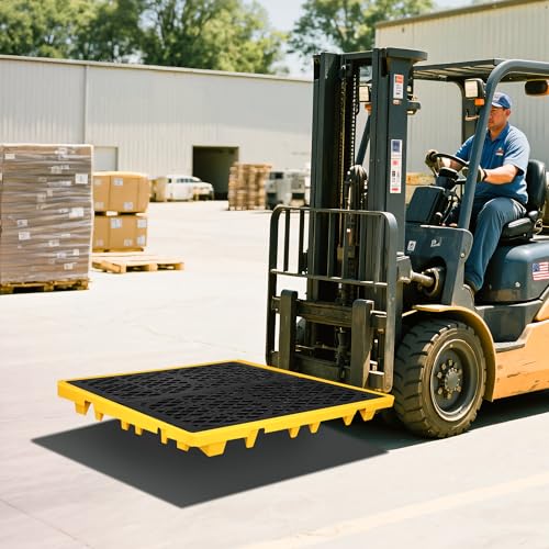 Cjgyz Spill Containment Platform with Drain, 51x51x6in, Anti-Slip Plastic, Leakproof Detachable, 4 Drum Capacity, Yellow for Industrial Use