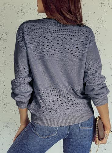 Image of SHEWIN Women's Sweaters Casual Long Sleeve V Neck Crewneck Lightweight Crochet Pullover Sweater Tops