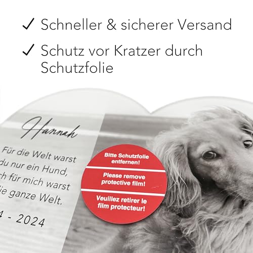DEL MÀ Unique & Personal Andenken an verstorbenen Hund Bild Gedenktafel aus Acrylglas zur Erinnerung & Trauer personalisiert Glasherz mit Foto Geschenk für Hundebesitzer inkl. Holzfuß 20x22 cm (Herz)