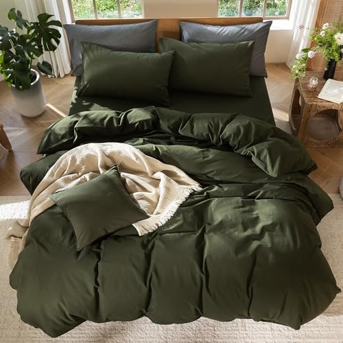 MooMee Duvet Cover Set 100% Washed Cotton Linen Like Queen - 4