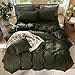 MooMee Bedding Duvet Cover Set 100% Washed Cotton Linen Like Textured Breathable Durable Soft Comfy (Solid Olive Green, Queen 90