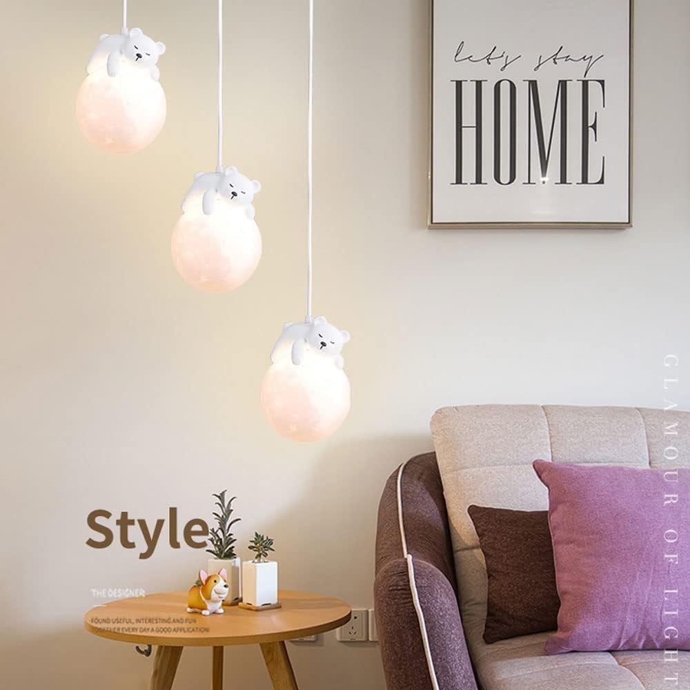 Lámpara Colgante Luz Impresión 3D Luna Globo Dibujos Animados Conejo Dormido Oso Planeta Suspensión Niños Dormitorio 3 Luces Niño Niñas Noche Hierro Metálico Blanco