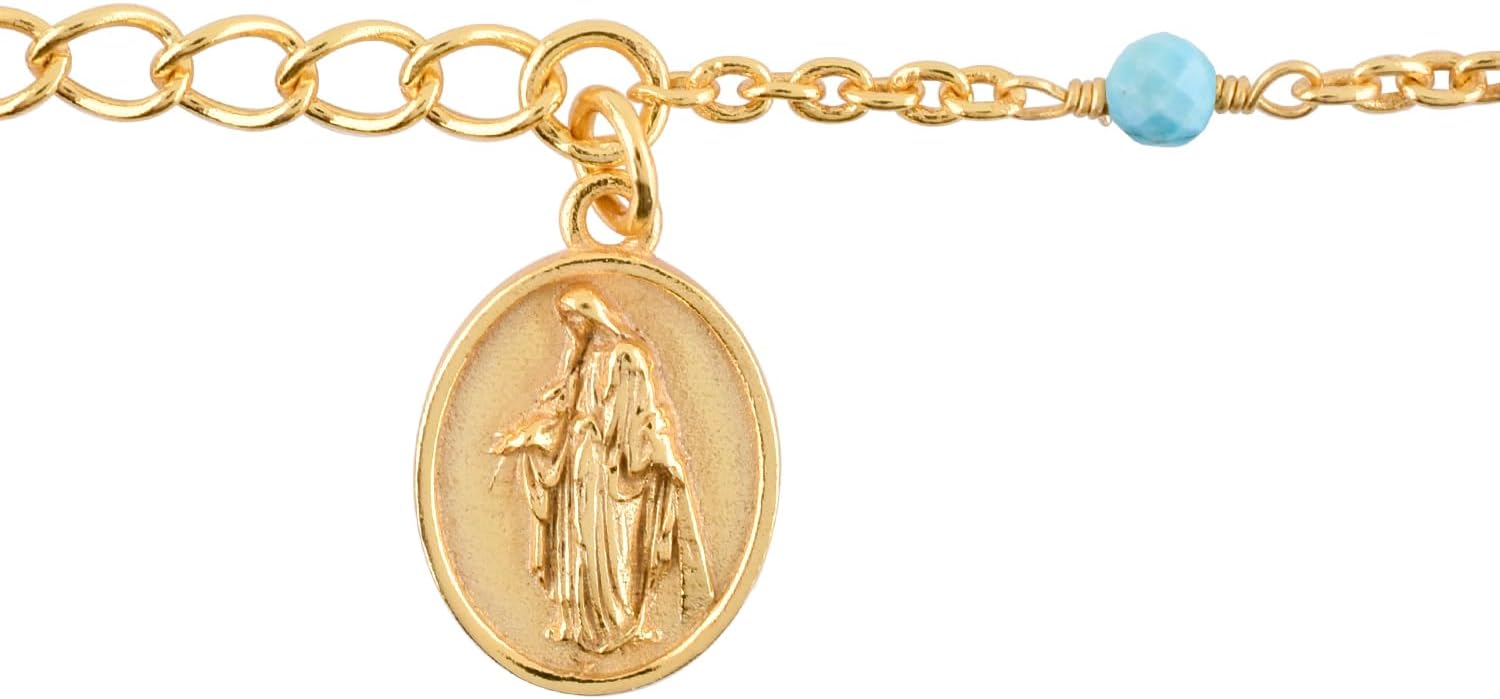 InfinityGemsArt Gemstone Bracelets For Women Birthstone Jewelry Micro Beads Crystals and Healing Stones, Virgin Mary Jesus Christ Cross Charm Bracelet, 18K Gold Plated Chain 8 inch