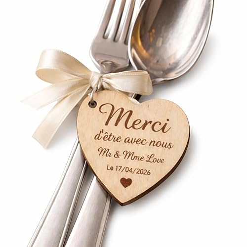 Étiquette cœur Bois personnalisée Mariage – Gravure prénoms et Date – Remerciement invités – Décoration Table Mariage – Vendue sans Ruban