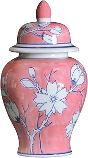 Pink Floral Ceramic Ginger Jar with Poetry Design, Hand-Painted White Bl...