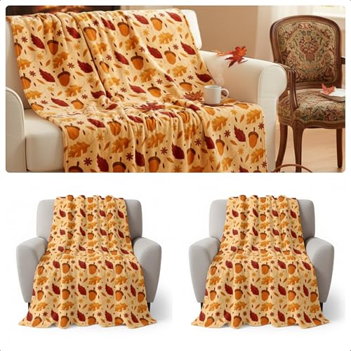 Fanfanwin 2 Pcs Large Thanksgiving Fall Blankets Pumpkins Orange Maple Leaf Soft Warm Plush Throw Fleece Cozy Lightweight Flannel Blankets for Living Room Couch Bed Chair Dorm Outdoor, 60"x80"