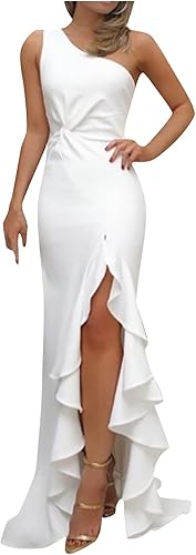 Vestido de cóctel elegante de un hombro para mujer, sexy, con volantes, abertura larga, vestido de noche, sirena, invitada de boda, vestido maxi
