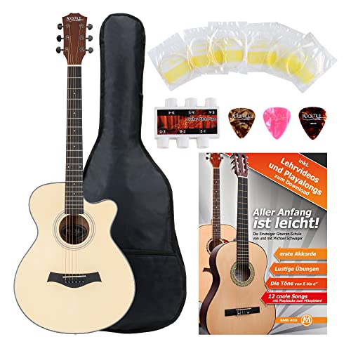 Rocktile WSC-101C NT Chitarra Western Starter Set - Corpo Concert con Cutaway, Tavola Abete, Fondo/Fasce Sapele, Manico Okoume - incl. Custodia, Spartiti, Corde e Plettro - Naturale
