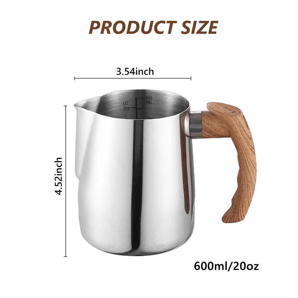 Pot À Lait Lait Pichet Pichet Tasse Pichet À Lait En Acier Inoxydable 20oz 30oz Outils De Barista, Gobelet À Lait Pour Latte Art,Pichet À Mesurer En Métal, Poignée En Bois ( Color : Nero , Size : 600m