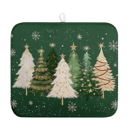 Wnoesat Green Christmas Tree Snowflakes Dish Drying Mat for Kitchen Counter 16x18 Inch Winter Xmas Holiday Dish Rack Mat Absorbent Microfiber Dish Draining Mat Reversible Drainer Pad