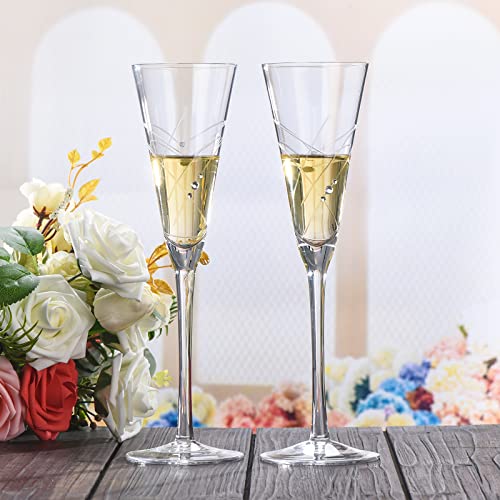 Champagne Flutes Set Of 2, Bride And Groom Crystal Champagne Glasses Engraved Infinity Heart Embellished With Dazzling Crystals, Hand-Blown Toasting Glasses Wedding Engagement Gifts For Couple #TOP6