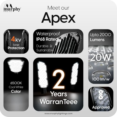 Image of Murphy Apex 20W LED Street Light | 6500K Cool White | IP68 Waterproof | 4kV Surge Protection | Outdoor Road & Pole Light | 2 Year Warranty | Pack of 1