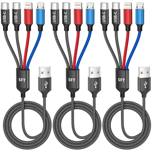 Image of 4 in 1 Multi Charging Cable, Charging Cords for Multiple Devices 3Pack 5FT | USB Cable with Dual Type-C /IP /Micro, Universal Phone Charger Cord for iPhone17-8, Android Pad and More, Car Accessories