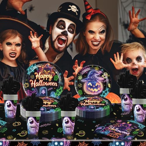 Ziricher 006-DIY 169Pcs Halloween Pumpkin Plates And Napkins Party Supplies Halloween Skull Spider Disposable Plates,Halloween Party Supplies Plates Cups Spoons Fork Napkins Tablecloth Halloween Dinnerware Sets thumb #5