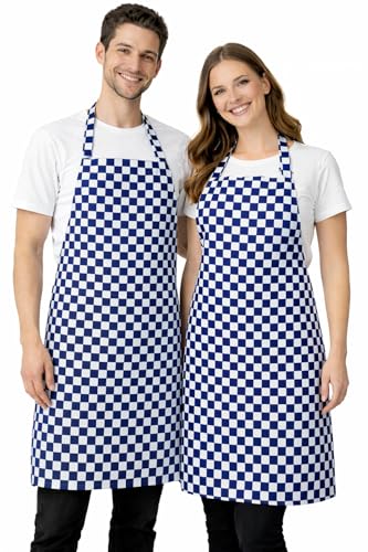 Image of IBEX Unisex Butcher Check Bib Apron without Pocket for Men & Women - Professional Poly Cotton Kitchen Apron for Chefs, Restaurants, Bar Staff, Waiters, Catering & Home Cooking, Royal Check