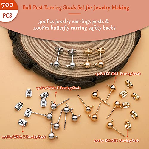 700Pcs Ball Post Earring Studs Set For Jewelry Making,300Pcs Earring Studs Ball Ear Pin Ball Post Earrings With Loop With 400Pcs Butterfly Earring Back Replacements For Diy Jewelry Making Findings #TOP1