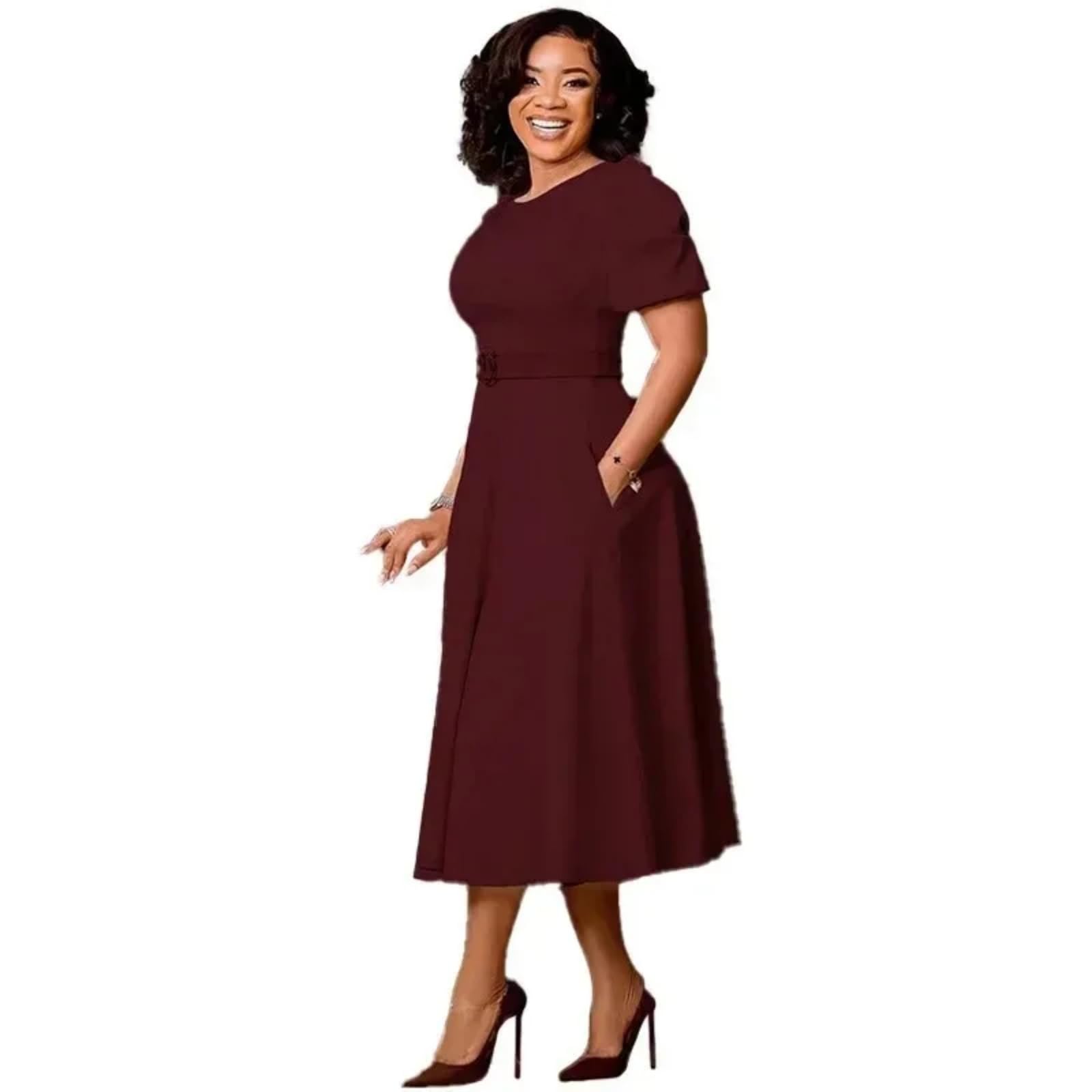 Adhdyuud Elegante vestido midi africano con manga abombada, cinturón, cuello redondo, acampanado, ropa formal de oficina
