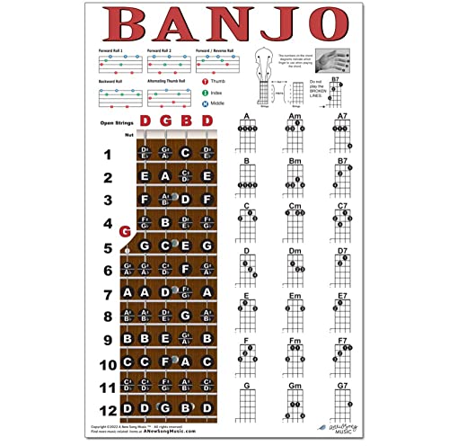 A New Song Music Banjo Easy Chords Rolls & Fretboard Note Chart Instructional Poster For Beginners Chord & Notes 11"X17" #TOP2