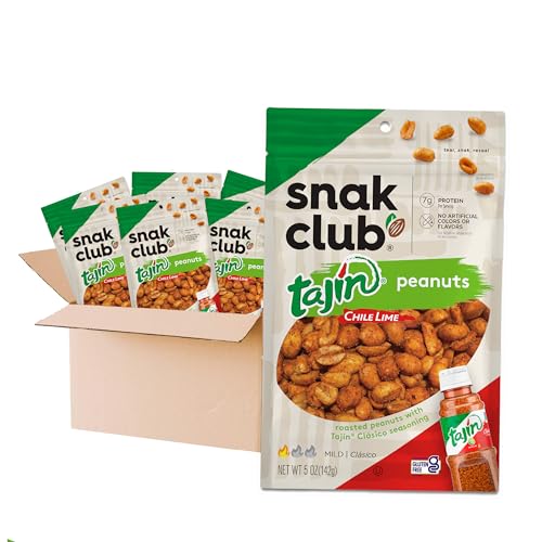 Snak Club Tajin Peanuts, Roasted Nuts with Chili and Lime Seasoning, Mild, 5 oz Resealable Bags, 6 Pack