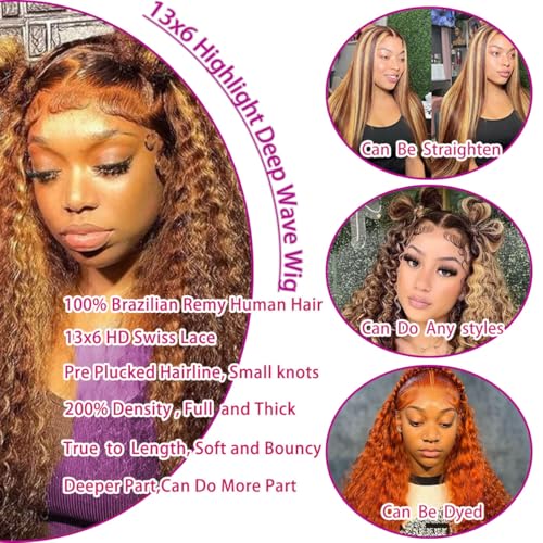 Image of LAINSS Highlight Ombre 13x6 Deep Wave Front Wigs Human Hair 20 Inch