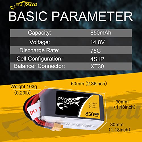 Tattu 14.8V 4S 75C 850Mah Lipo Battery Pack With Xt30 Plug For Multirotor Fpv From Size 100 To 180 Owl Racing Quadcopter #TOP1