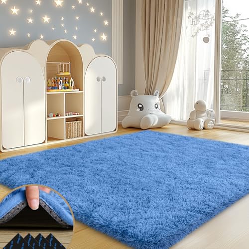 4x6 Rugs for Living Room, Blue Large Fluffy Area Rugs for Bedroom, Soft Carpet Shag Kids Rug with 4 Non-Slip Rug Pads (Blue, 4ft x 6ft)