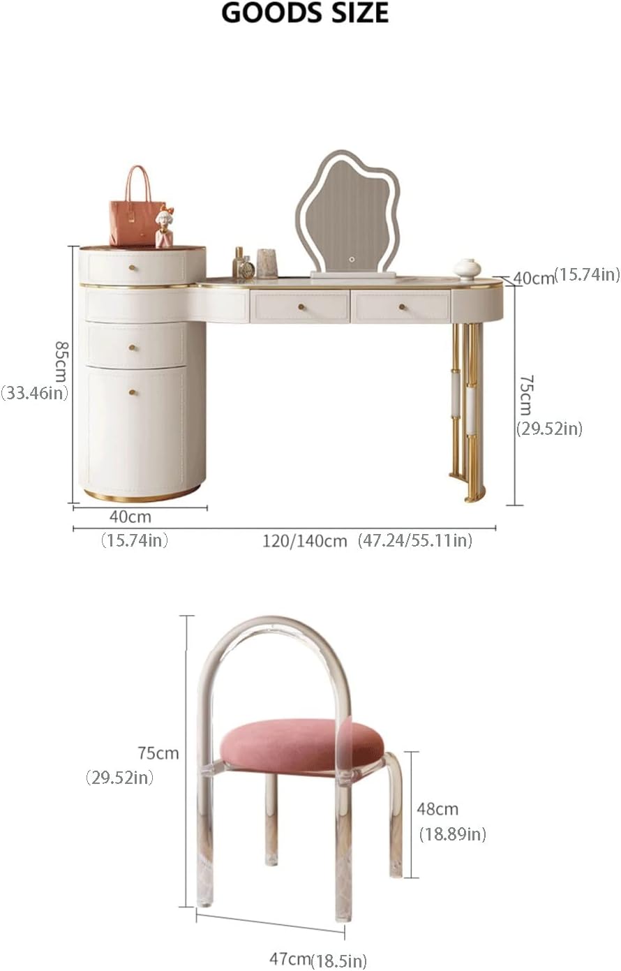 Vanity Dressing Table Set Luxury Makeup Bench with 3 Colors Led Hd Mirror,Comfortable Stool Drawers Cabinet,Modern Simple Style,for Girl's Gift (Size : 120cm) ()