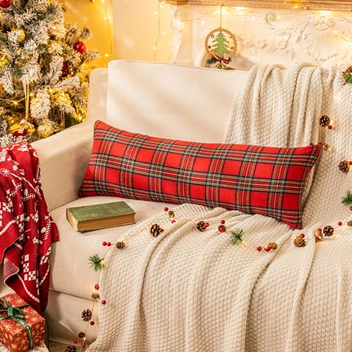 Image of AQOTHES Christmas Plaid Decorative Throw Pillow Covers Red 14x36 Inches
