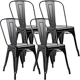 JUMMICO Metal Dining Chair Stackable Indoor-Outdoor Industrial Vintage Chairs Bistro Kitchen Cafe Side Chairs with Back Set of 4 (Black)