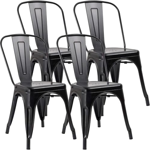 JUMMICO Metal Dining Chair Stackable Indoor-Outdoor Industrial Vintage Chairs Bistro Kitchen Cafe Side Chairs with Back Set of 4 (Black)