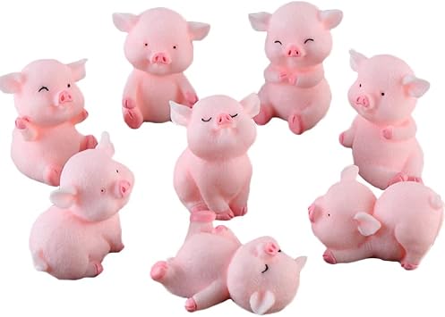 Miniature Pig Figurines 8 Pcs, Cute Pink Piggy Toy Figures Cake Toppers for Fairy Garden Decor Christmas Desk Decoration