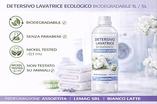 Detersivo Lavatrice Ecologico Biodegradabile 1L/5L – Senza Parabeni – Nickel Tested – Non Testato Su Animali – Profumazioni Assortite – Lemag Srl (1L, Bianco Lat) - 2