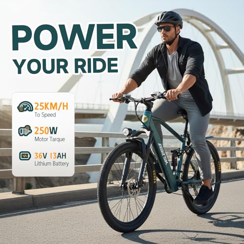 Aarisk 26" Electric Bike, Adult eBike with 36V 13Ah Battery, Dual Suspension Electric Mountain Bicycle, 80-100km Long Range, 25km/h Max Speed, 5 Speed Modes & 250W Motor (26inch GT900, Blue) - Image 2