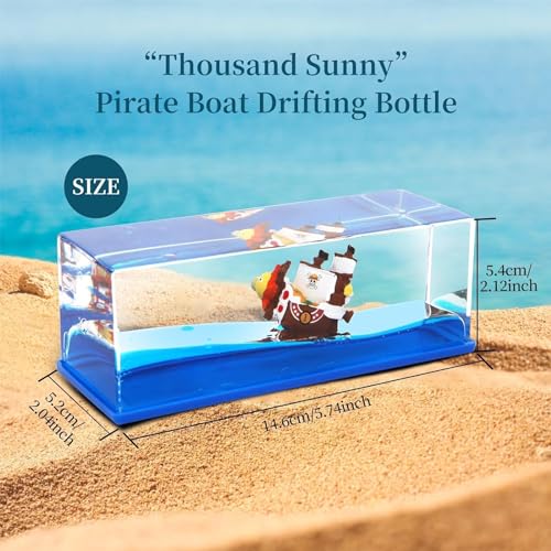 Image of Unsinkable Thousand Sunny Pirate Ship in a Bottle | Non Sinking OP Anime Boat Model Fluid Drift Bottle Decorations Desk Decor Ornament for Boys Girls Gift (blue-h)