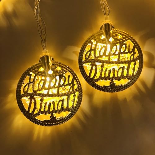 Image of MoonlitDreams 3 Meter 10 Happy Diwali Round Metallic Led String Lights, Golden Diwali Lights for Decoration for Home, Mandir & Festive Ambient Light for Diwali Decor (Plug-in)