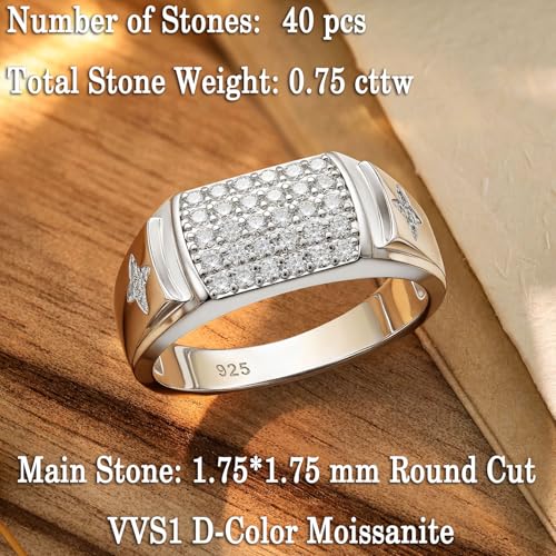 D Color VVS1 Moissanite Rings for Men 925 Sterling Silver Two Star Round Cut Mens Wedding Band Promise Size 9-122