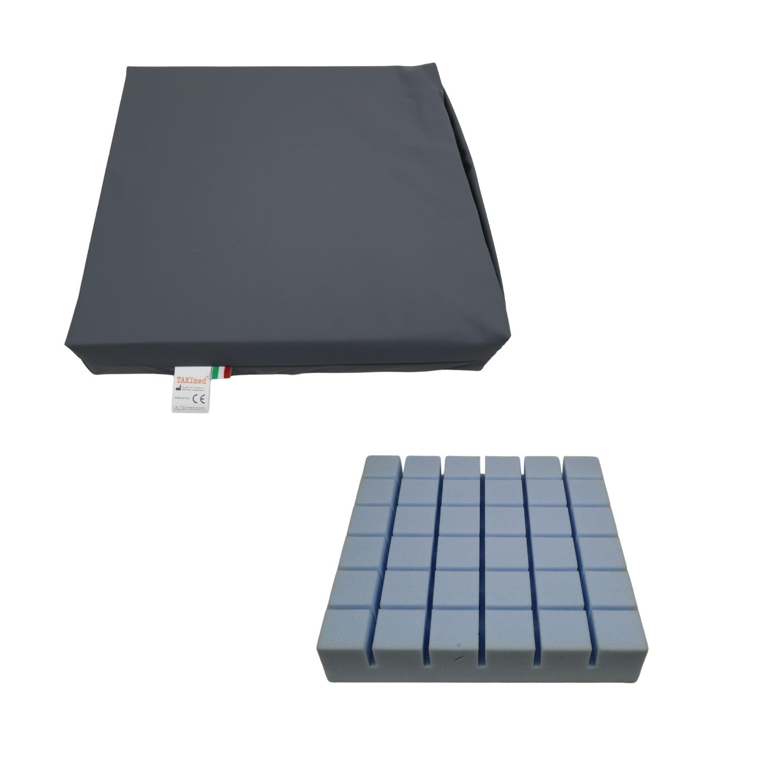 TAKIMED Cojín antiescaras de espuma de poliuretano expandido con funda impermeable con 36 elementos, 42 x 42 x 42 x 8 cm, cojín de decúbito para la prevención de las úlceras de decúbito. (GRIS)
