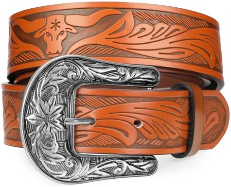 SANSTHS Western Belts for Men Women, Adjustable Mens Cowboy Country Belt for Pants Jeans with Vintage Engraved Leather