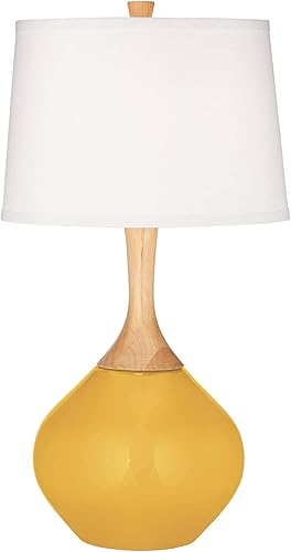 Miniatura 2 de Color + Plus Wexler - Lámpara de mesa moderna de 31 pulgadas de alto, barra dorada, cuello de madera de cristal amarillo, pantalla cónica blanca
