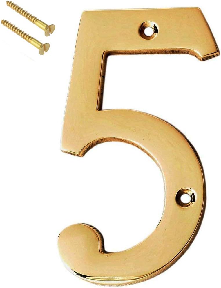 eSplanade 4" Brass House Hotel Door Number Plaque Sticky Numeric Numerical Digit 0-9 (5(five))