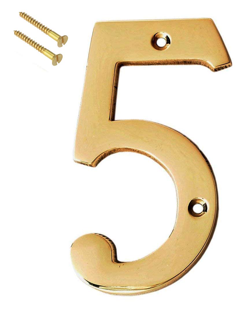 eSplanade 4" Brass House Hotel Door Number Plaque Sticky Numeric Numerical Digit 0-9 (5(five))