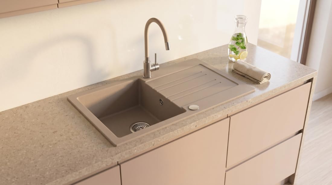 Lavello PIXEL Vasca Singola Lavello In Granito 77x44x18,5cm Beige, Lavello Da Cucina Di Alta Qualità Con Sifone, Scolapiatti, Facile Da Pulire, Resistente Ai Graffi, Design Moderno