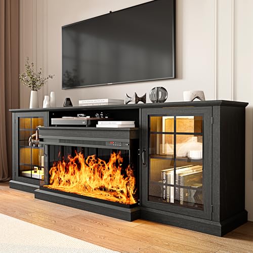Image of MXV 80'' Fireplace TV Stand, Farmhouse Entertainment Center with 3 Sided Glass TV Stand, Modern Media Console Table with Storage Drawers & Cabinets with LED Flame and Lights for Living Room, Black