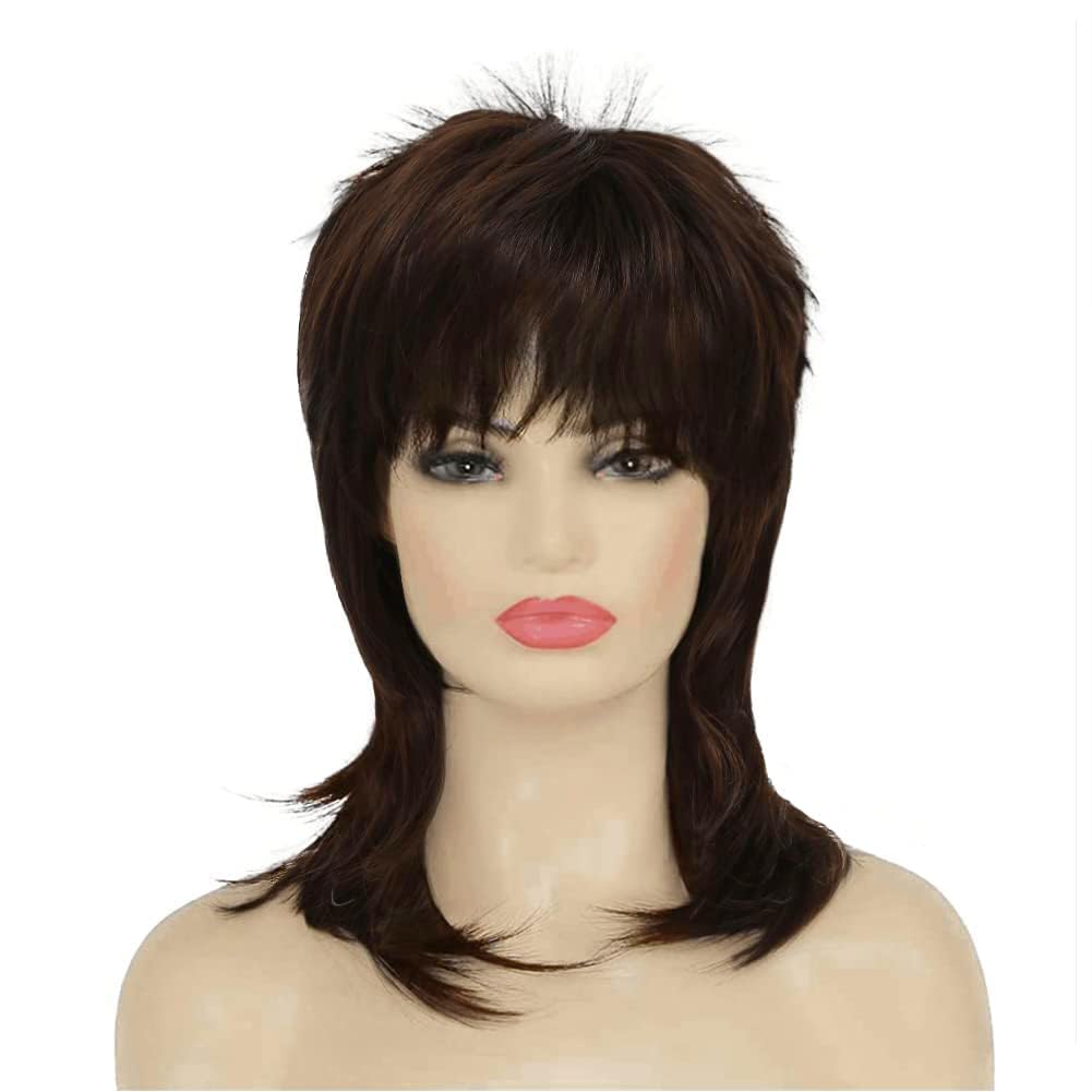 Siudus Brown Mullet Wigs for Women Shaggy Shoulder Length 70s 80s Wig Layered Natural Synthetic Fiber Hair Wig for Cosplay Disco Rocker Use