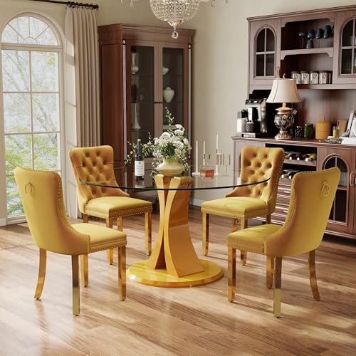 Image of 5-Piece Dining Table Set with 47In Tempered Glass Table and 4 Velvet Upholstered Chairs, Modern Scandinavian Furniture for Dining Room Kitchen(Yellow&Gold)