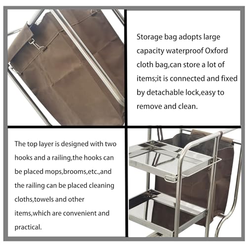 Image of INTBUYING 3 Shelf Janitor Cart Stainless Steel Janitor Cart with Cloth Bag and Mute Wheel