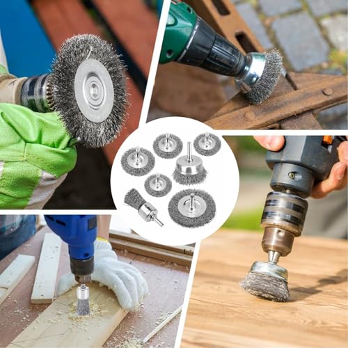 Image of 7Pcs Wire Brush for Drill Set for Drill 1 /4 Inch Hex Shank, Stainless Steel Wire Wheel Brush, Cup Brush, Pen Brush Set, Wire Brush Drill Attachments for Cleaning Rust, Scrub Surface