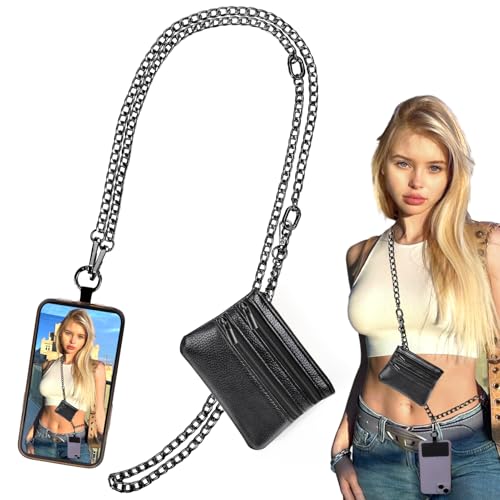 Image of XANGNIER Clip and Go Strap for Phone with Wallet Crossbody, Phone Strap with Zippered Wallet, Adjustable Anti Theft Cellphone Lanyard for Women, Cellphone Chain Accessories,Chain Black